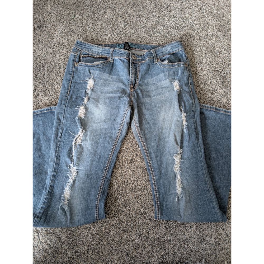 Ariya Distressed Bootcut Jeans Womens 15/16 Medium Wash Low‎ Rise Y2K Denim